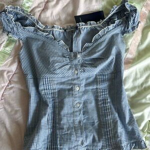 Brandy Melville Blue Checkered Off-Shoulder Blouse